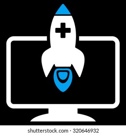 Medical Startup vector icon. Style is bicolor flat symbol, blue and white colors, rounded angles, black background.