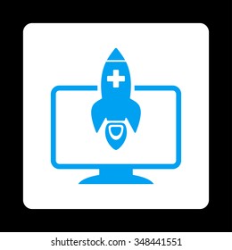 Medical Startup vector icon. Style is flat rounded square button, blue and white colors, black background.