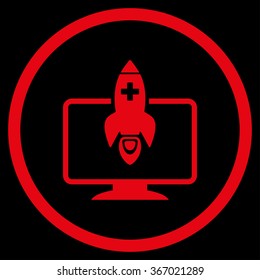 Medical Startup vector icon. Style is flat circled symbol, red color, rounded angles, black background.