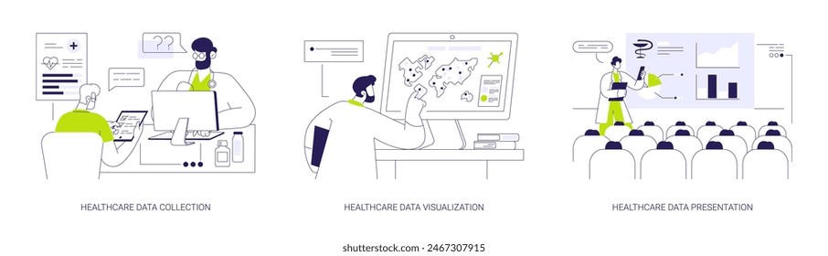 Conjunto de Ilustración vectorial de concepto abstracto de estadísticas médicas. Recolección de datos sanitarios, visualización y presentación de datos sanitarios, pronóstico epidemiológico, metáfora abstracta de la Encuesta del paciente.