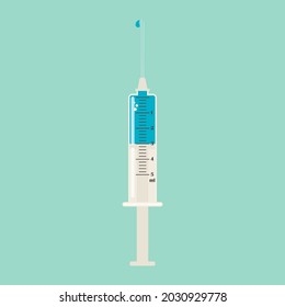 Medical Sterile Syringe For Injection And Vaccination In Blue Tones. Vector.