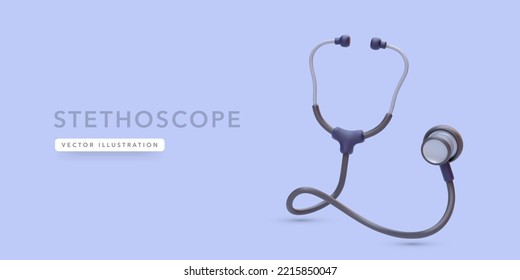 Medical stethoscope in 3d realistic style with shadow isolated on blue background. Vector illustration