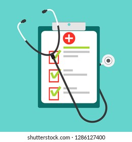 Medical stethoscope with blank paper in clipboard. Medical concept. Stethoscope on clipboard. Flat design, vector.