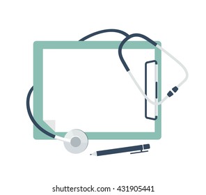 Medical stethoscope with blank paper in clipboard. Medical concept. Vector flat illustration