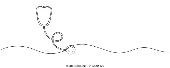 Medical stethoscope depicted with one solid editable line. Doctor's instrument. World health day, medical research concept, doctor's equipment. Line vector illustration.