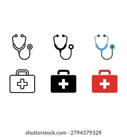 Medical stethoscope and first aid kit icon collection with stethoscope firstaid healthcare hospital medicine diagnostic emergency equipment