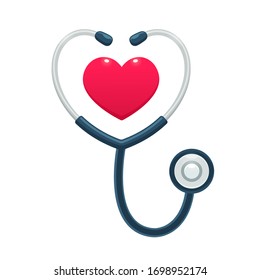 Medical stethoscope with heart icon. Health care and medicine worker symbol, isolated vector illustration.