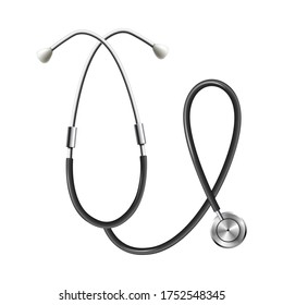Medical stethoscope instrument template, realistic vector illustration isolated on white background. Mockup of hospital doctors equipment or tool for examination.