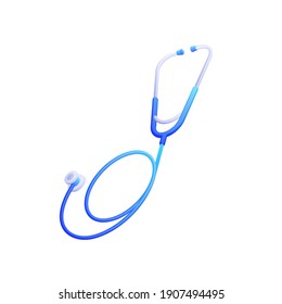 Medical stethoscope isometric vector. Medical blue instrument white inserts listening heart rhythms and lungs. Professional cardiology and emergency first aid when analyzing the patients condition.