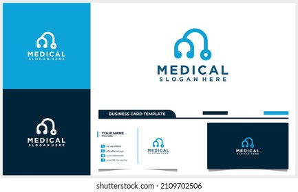 medical stethoscope with letter m initial logo design concept and business card template