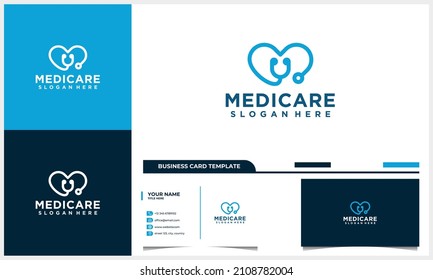 medical stethoscope with love logo design concept and business card template