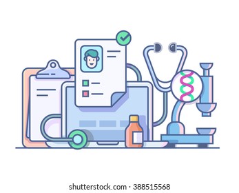 Medical stethoscope microscope accessories. Medicine care, glass bottle and aid, vector illustration