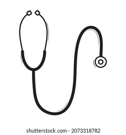 Medical stethoscope ouline sketch illustration. Hospital equipment vector. Doctor and nurse tool. Doodle style drawing. Clipart, icon, sign, design element