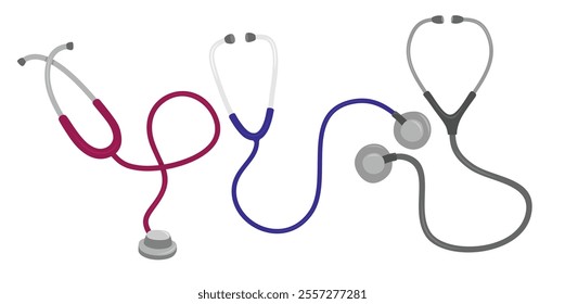 Medical stethoscope set in the flat style on white background.