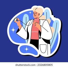 Medical sticker with doctor concept. Woman in medical gown with stethoscope. Diagnosis and treatment. Template, layout and mock up. Cartoon flat vector illustration isolated on blue background