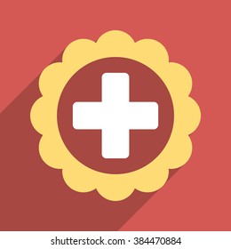 Medical Sticker long shadow vector icon. Style is a light flat symbol on a red square button.