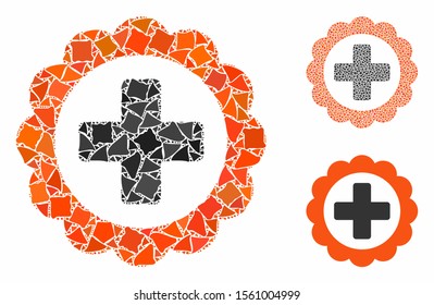 Medical sticker mosaic of inequal pieces in variable sizes and color tones, based on medical sticker icon. Vector humpy pieces are combined into collage.