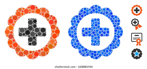 Medical sticker mosaic of small circles in various sizes and shades, based on medical sticker icon. Vector small circles are grouped into blue mosaic.