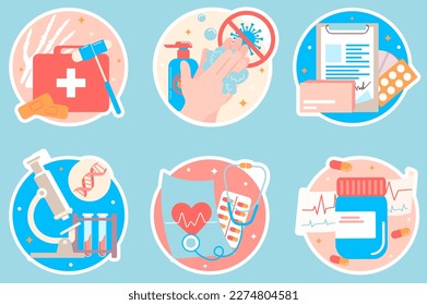 Medical Sticker set concept in the flat cartoon style on the blue background. Stickers with the image of various medical devices, medicines and tools. Vector illustration.