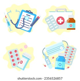 El concepto de marca médica en el estilo de dibujo plano sobre el fondo blanco.
