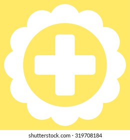 Medical Sticker vector icon. Style is flat symbol, white color, rounded angles, yellow background.