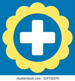 Medical Sticker vector icon. Style is bicolor flat symbol, yellow and white colors, rounded angles, blue background.