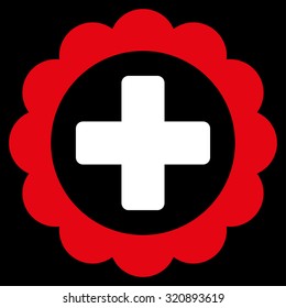 Medical Sticker vector icon. Style is bicolor flat symbol, red and white colors, rounded angles, black background.