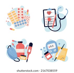 Medical stickers set. Collection with medicines and preparations. Goods in pharmacy, inventory of doctors for treatment of patients. Cartoon flat vector illustrations isolated on white background