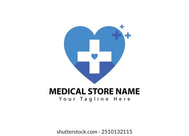 Un Vector con el logotipo de una tienda médica con un corazón azul con una cruz blanca en el centro, corazón Pequeño en el interior y cruces azules adicionales. Texto personalizable incluido.