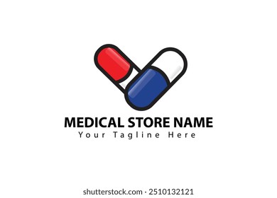 Un Vector de logotipo de tienda médica que presenta dos cápsulas superpuestas, una roja y otra azul, formando una forma de marca de verificación. Incluye marcadores de posición de texto personalizables para el nombre de la tienda y el eslogan.