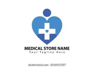 Un Vector con el logo de una tienda médica con una forma de corazón azul con una cruz blanca en el centro y un corazón Pequeño en el interior. Incluye marcadores de posición de texto personalizables.