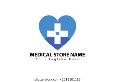 Un Vector con el logotipo de una tienda médica con un corazón azul con una cruz blanca en el centro, corazón Pequeño en el interior y cruces azules adicionales. Texto personalizable incluido.