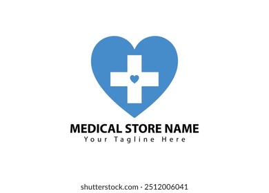 Un Vector con el logotipo de una tienda médica con un corazón azul con una cruz blanca en el centro, corazón Pequeño en el interior y cruces azules adicionales. Texto personalizable incluido.