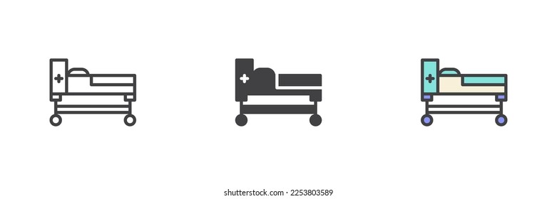 Medical stretcher different style icon set. Line, glyph and filled outline colorful version, outline and filled vector sign. Symbol, logo illustration. Vector graphics