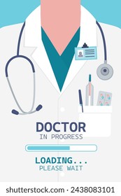 Medical student in doctor coat close-up view. Loading scale. Doctor in progress - motivational phrase. Educational concept, learning process. Future medical staff portrait. flat vector illustration