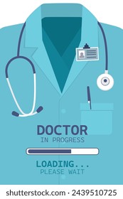 Medical student in doctor coat close-up view. Loading scale. Doctor in progress - motivational phrase. Educational concept, learning process. Future medical staff portrait. flat vector illustration