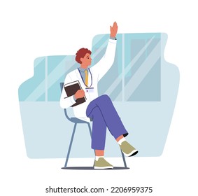 Medical Student In Doctor Uniform with Badge and Book in Hand Asking Question on Seminar. Intern Male Character Sitting on Chair Listening Lecture in Medical School. Cartoon People Vector Illustration