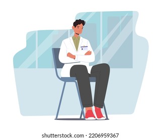 Medical Student Intern Male Character In Doctor Uniform with Badge Sitting on Chair with Crossed Hands Listening Seminar or Lecture in Medical School. Cartoon People Vector Illustration