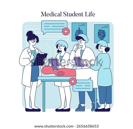 Medical Student Life illustrates the collaborative energy of medical students engaged in learning. They discuss cases, take notes, and practice skills around a simulated patient. This scene captures