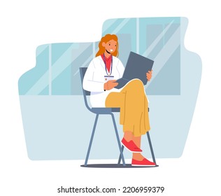 Medical Student Or Nurse Intern Female Character In Doctor Uniform with Badge Sitting on Chair with Folder in Hands Listening Seminar or Lecture in Medical School. Cartoon People Vector Illustration