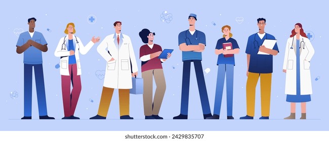 Medical student, nurses or doctors in hospital. Young physician specialist group of interns. Healthcare internship or medicine practice of medic characters. Therapist, dentist or surgeon in uniform.