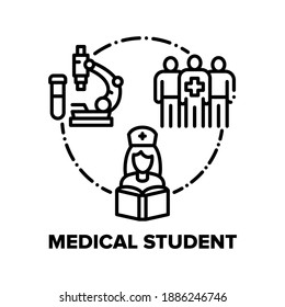 Medical Student Vector Icon Concept. Chemical Scientist, Nurse Or Doctor Student Reading Book And Practicing In Clinic, Laboratory And Hospital Worker. Medicine Education Black Illustration