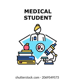 Medical Student Vector Icon Concept. Medical Student Studying In Medicine University And Learning Science. Researching Analysis With Microscope Laboratory Equipment Color Illustration