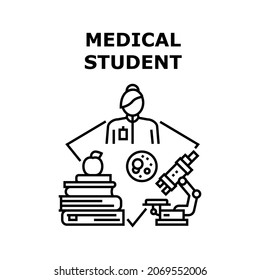 Medical Student Vector Icon Concept. Medical Student Studying In Medicine University And Learning Science. Researching Analysis With Microscope Laboratory Equipment Black Illustration