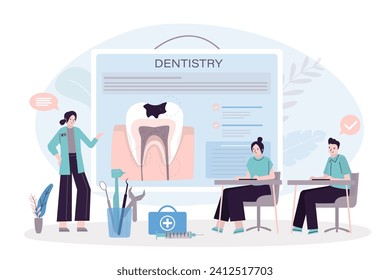 Medical students learning stomatology, education, woman tutor or teacher talks about oral hygiene and dental care. Dental diseases and treatment. Placard with sick tooth. flat vector illustration