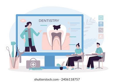 Estudiantes de medicina aprendiendo estomatología en línea, educación, profesora o profesora habla de higiene bucal y atención dental. Enfermedades dentales y tratamiento. ilustración vectorial plana