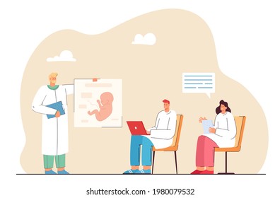 Medical students at lecture vector illustration. Male and female students listening to teacher. Doctor showing illustration of human fetus. Education concept for banner, website design or landing page