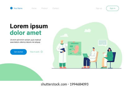 Medizinstudenten an Vorlesungen, Vektorgrafik. Männliche und weibliche Schüler hören Lehrer. Doktor, der den menschlichen Fötus veranschaulicht. Bildungskonzept für Banner, Website-Design oder Landingpage