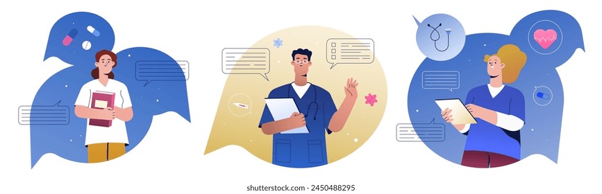 Medical students, nurses or doctors in uniform. Group of young hospital workers or physician intern specialists make diagnoses, consult online in chat message. Healthcare internship, medicine practice