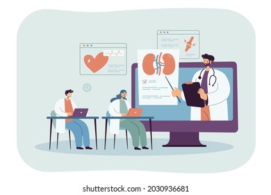 Medical Students Watching Webinar During Class. Professional Doctor Training Specialists Through Podcast On Virtual Platform Flat Vector Illustration. Online Education, Healthcare, Medicine Concept